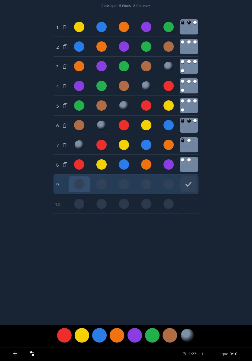 Partie de Codebreaker Master sur tablette, thème sombre, au niveau Intermédiaire : les lignes d’essais et leurs indices, et la palette des couleurs.
