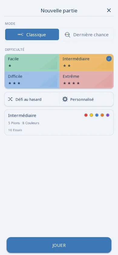 Menu Nouvelle partie de Codebreaker Master sur téléphone, thème clair : les onglets Classique et Dernière chance, les niveaux Facile, Intermédiaire, Difficile et Extrême marqués d’étoiles, puis Défi au hasard et Personnalisé.